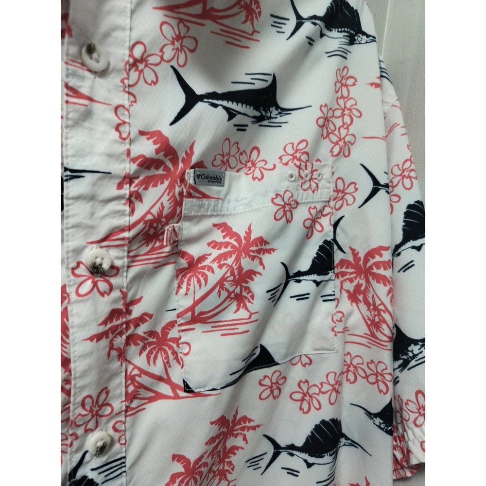 Columbia PFG Shirt Mens XXL Red Navy White Vented Fishing Swordfish Palm Tree